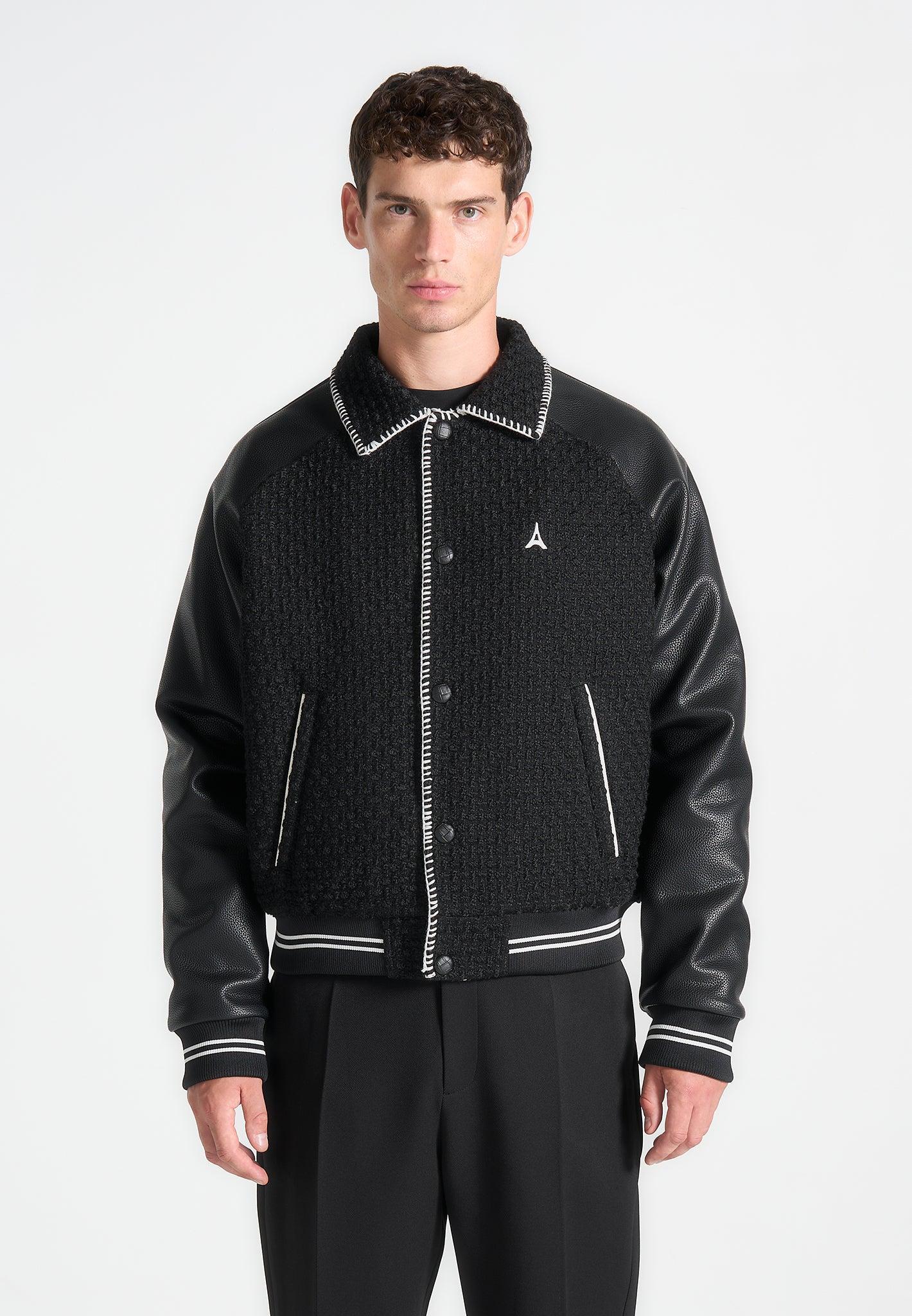 Tweed & Leather Varsity Jacket - Black Male Product Image