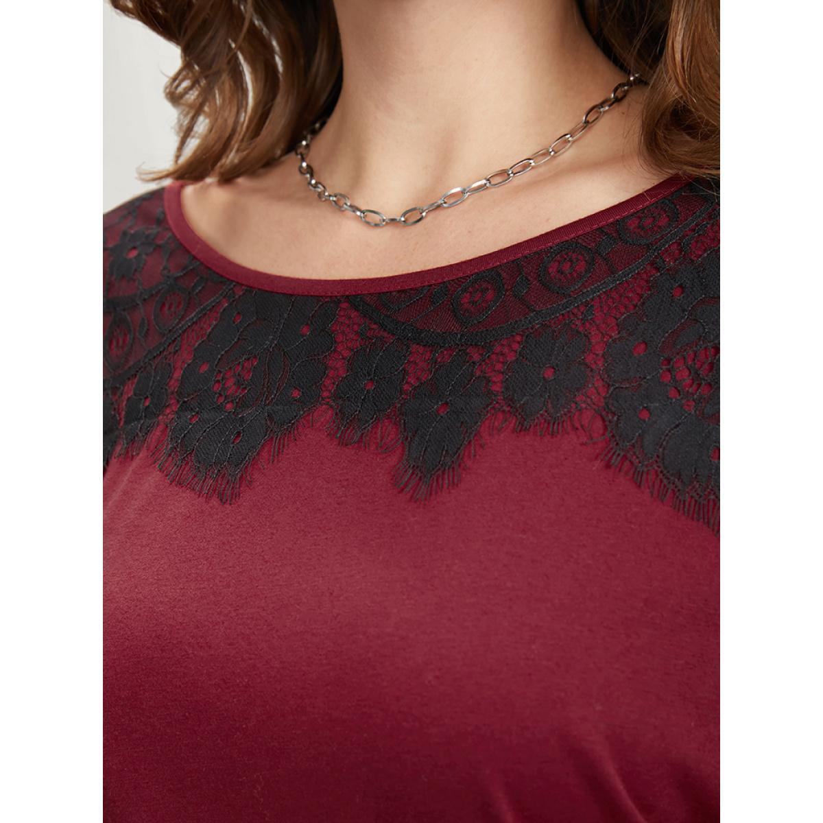 Plus Size Solid Round Neck Contrast Lace Long Tee Red Women Elegant Lace Plain Round Neck Dailywear T-shirts BloomChic 10/M Product Image