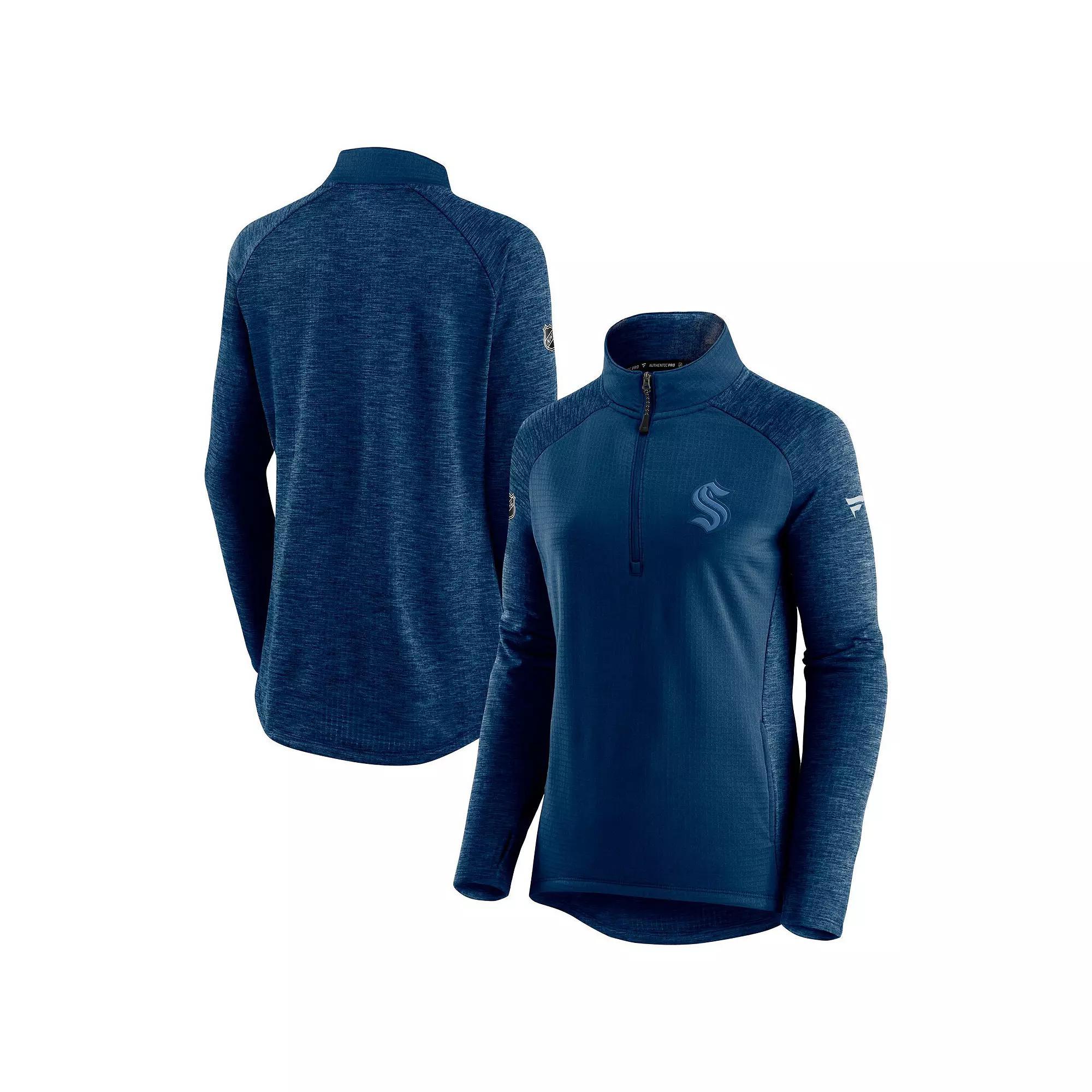Womens Fanatics Branded Navy/Heathered Navy Seattle Kraken Authentic Pro Travel & Training Raglan Quarter-Zip Jacket Krk Blue Product Image