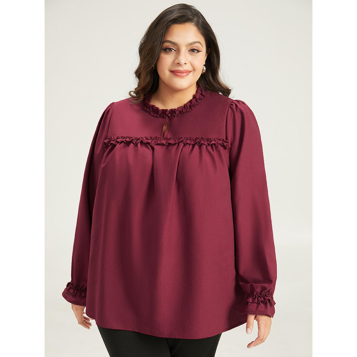 Plus Size Maroon Solid Frill Trim Puff Sleeve Blouse Women Office Long Sleeve Round Neck Work Blouses BloomChic 12/L Product Image