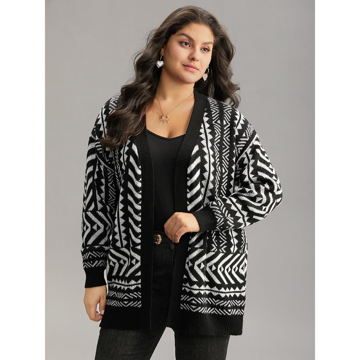 Plus Size Bandana Print Open Front Loose Cardigan Black Women Casual Loose Long Sleeve Dailywear Cardigans BloomChic 30/6X Product Image