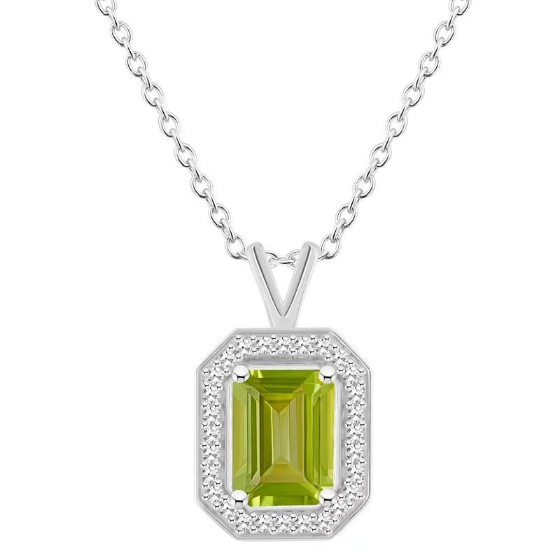 Celebration Gems Sterling Silver Emerald Cut Gemstone & 1/8 Carat T.W. Diamond Halo Pendant Necklace, Women's, Size: 18", Peridot Product Image