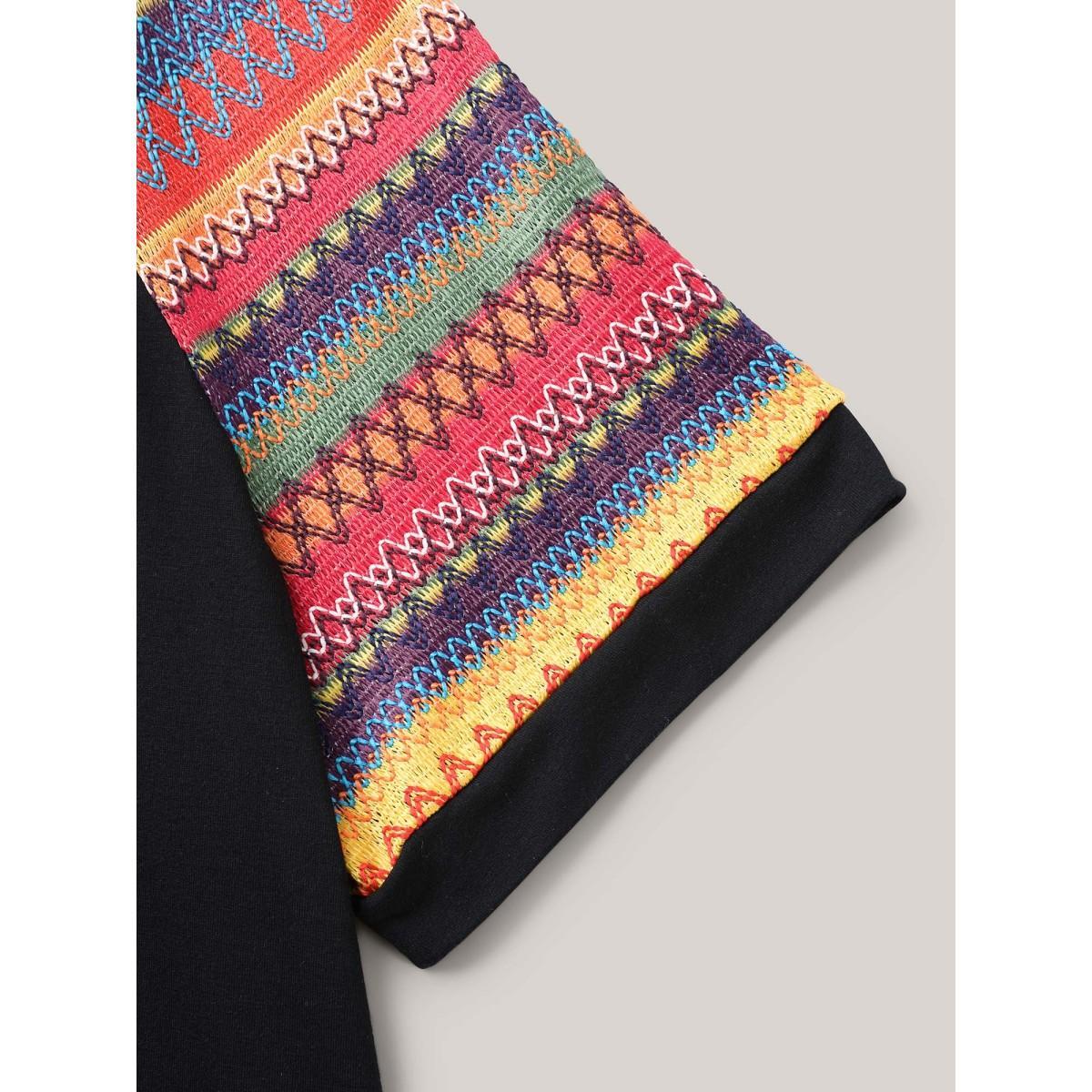Plus Size Multi-Color Striped Sleeve Spliced T-Shirt Black Women Casual Contrast Round Neck Everyday T-shirts BloomChic 28/5X Product Image