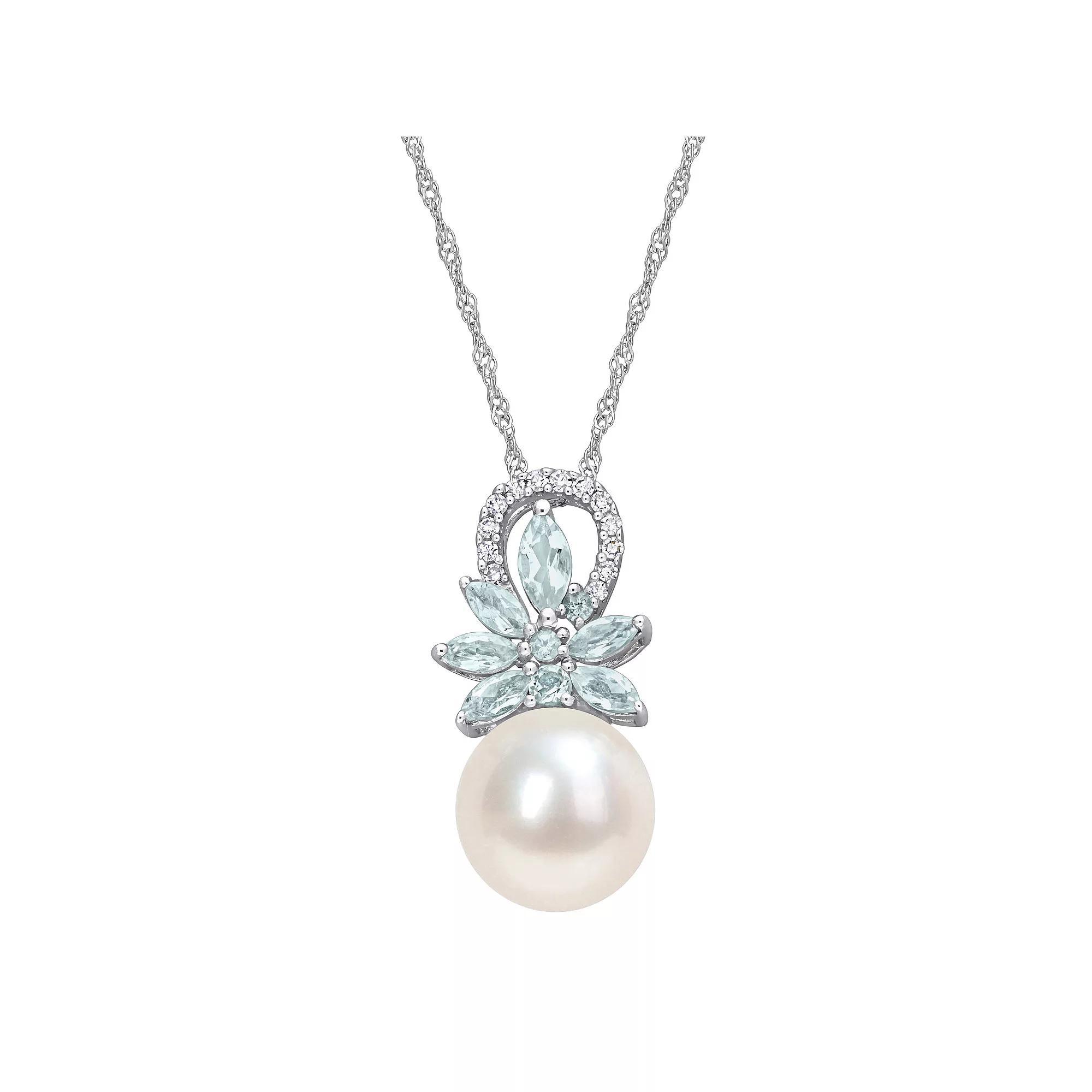 Stella Grace 14k White Gold Freshwater Cultured Pearl, Aquamarine & Diamond Accent Flower Pendant Necklace, Womens Product Image