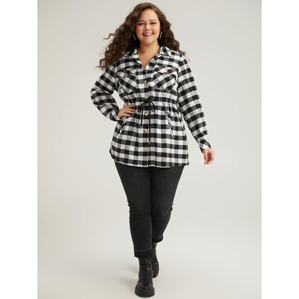 Plus Size Halloween Plaid Drawstring Pocket Button Through Coat Women Black Drawstring Pocket Dailywear Jackets BloomChic 26/4X Product Image