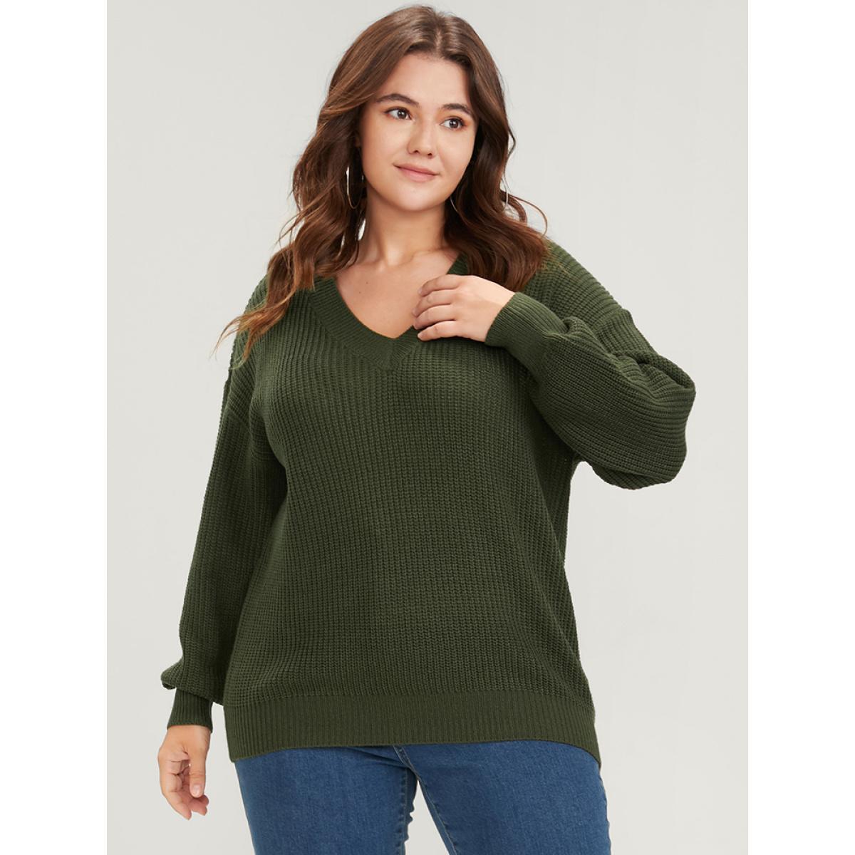 Plus Size Solid Pointelle Knit V Neck Knit Top ArmyGreen Women Casual Loose Long Sleeve V-neck Dailywear Pullovers BloomChic 12/L Product Image