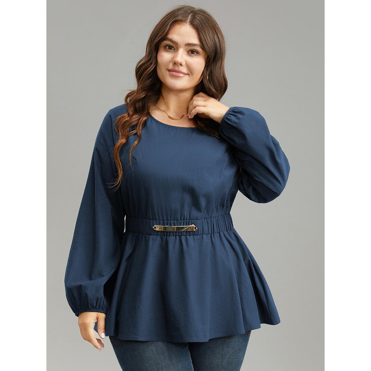 Plus Size Indigo Cotton Solid Metal Detail Lantern Sleeve Blouse Women Office Long Sleeve Round Neck Work Blouses BloomChic 30/6X Product Image