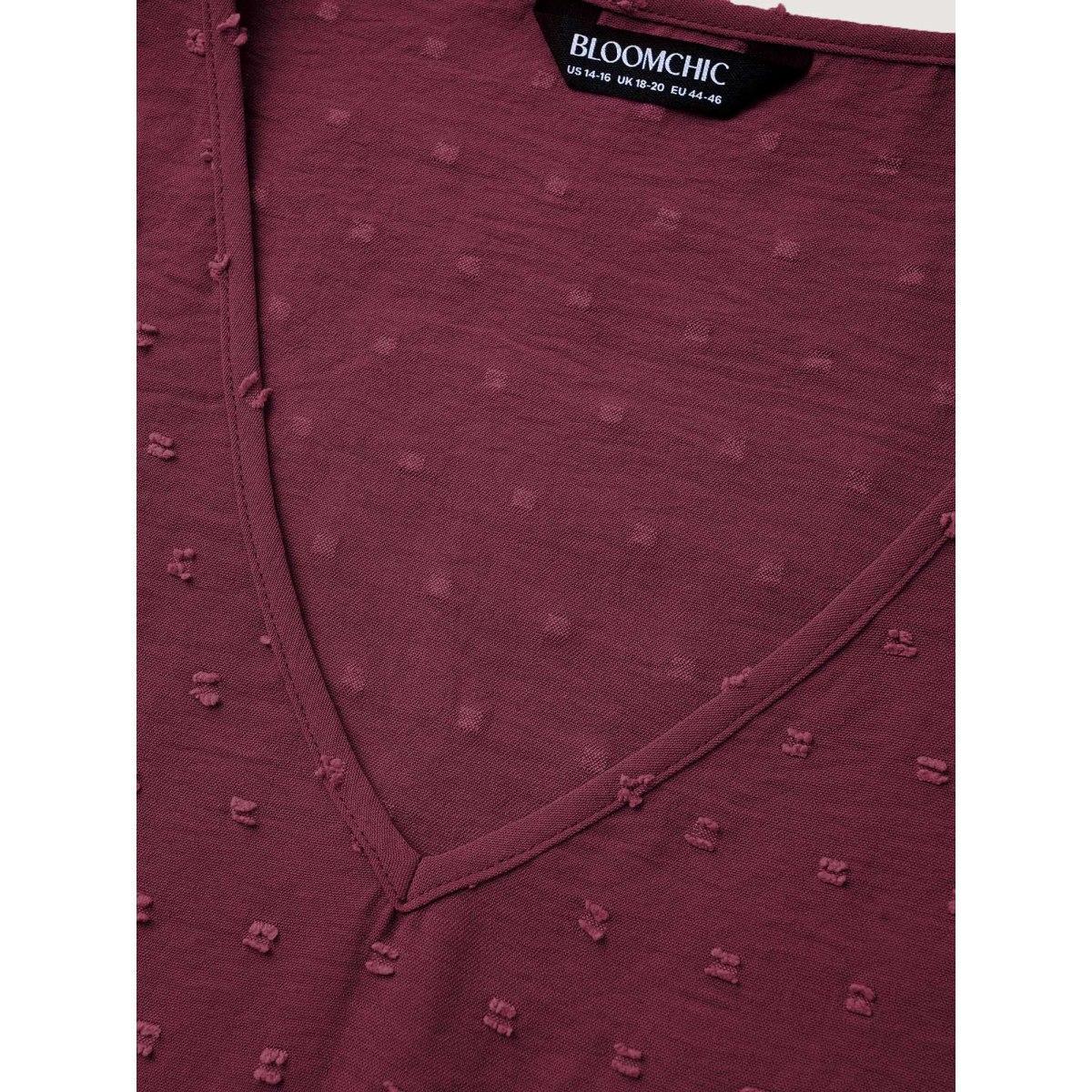 Plus Size Burgundy Plain Ruffle Tiered Sleeve V Neck Polka Dot Blouse Women Elegant Short sleeve V-neck Everyday Blouses BloomChic 10/M Product Image