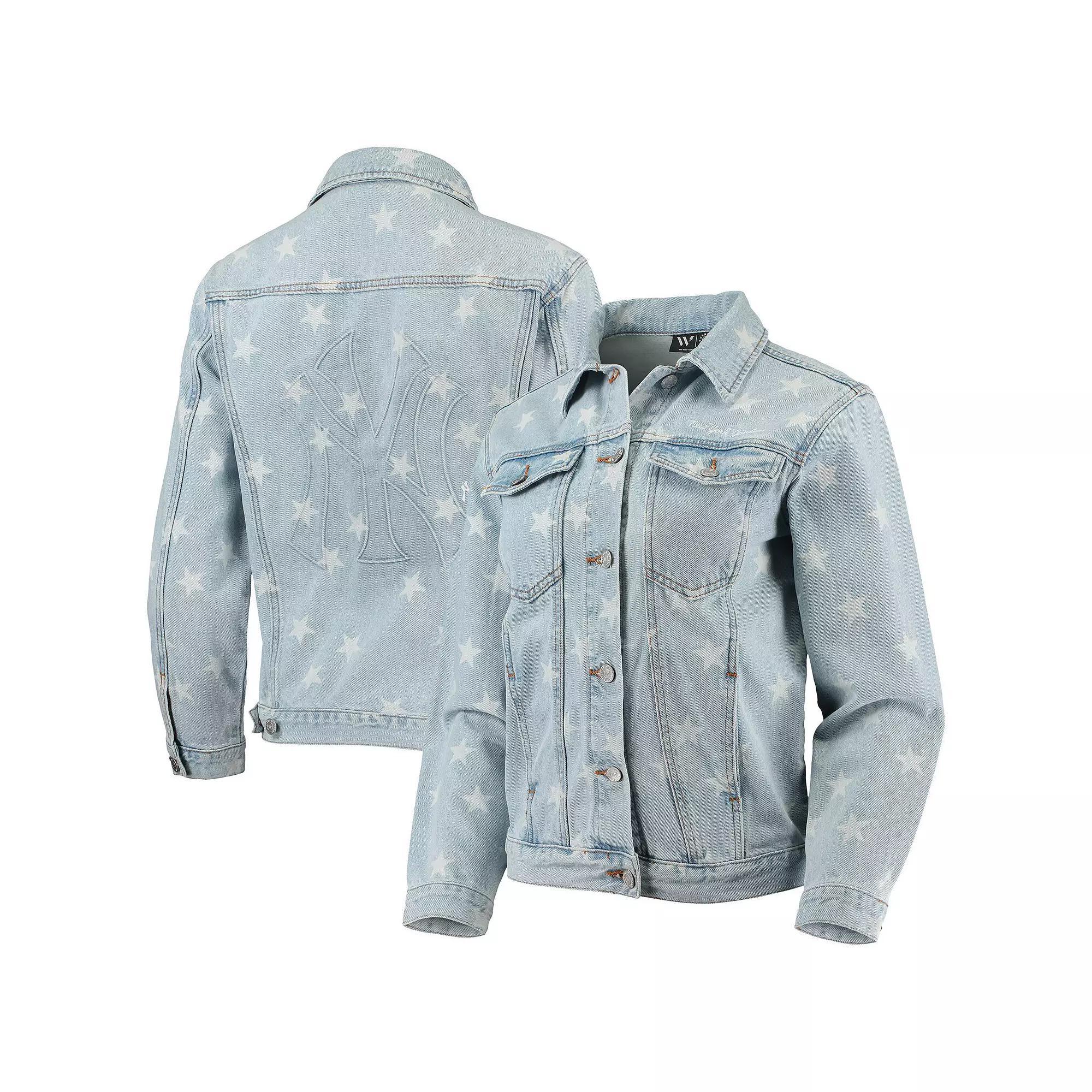 Women's The Wild Collective New York Yankees Allover Print Button-Up Denim Jacket, Size: XL, Turquoise A Product Image