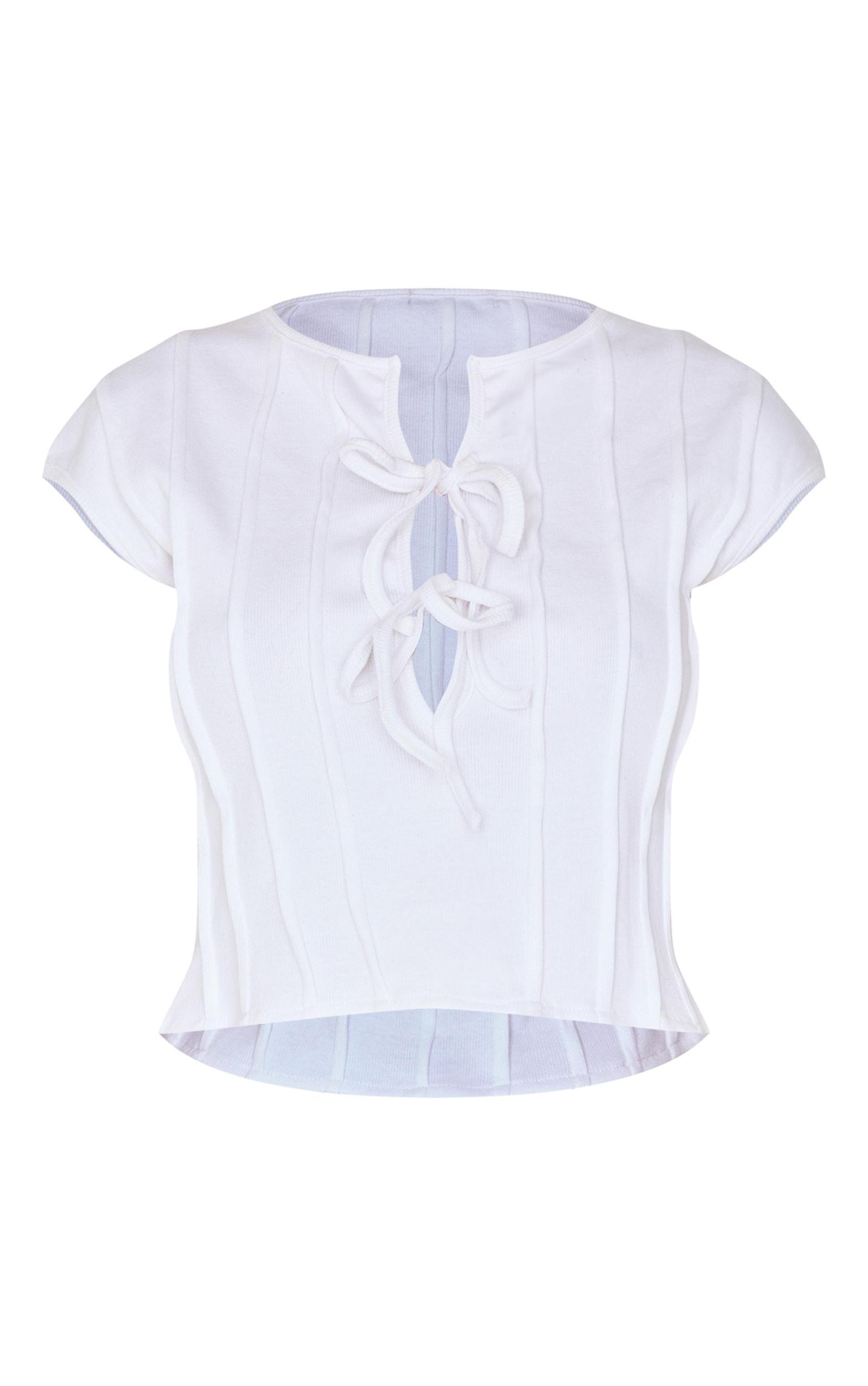 White Ribbed Tie Front Detail Long Top Product Image