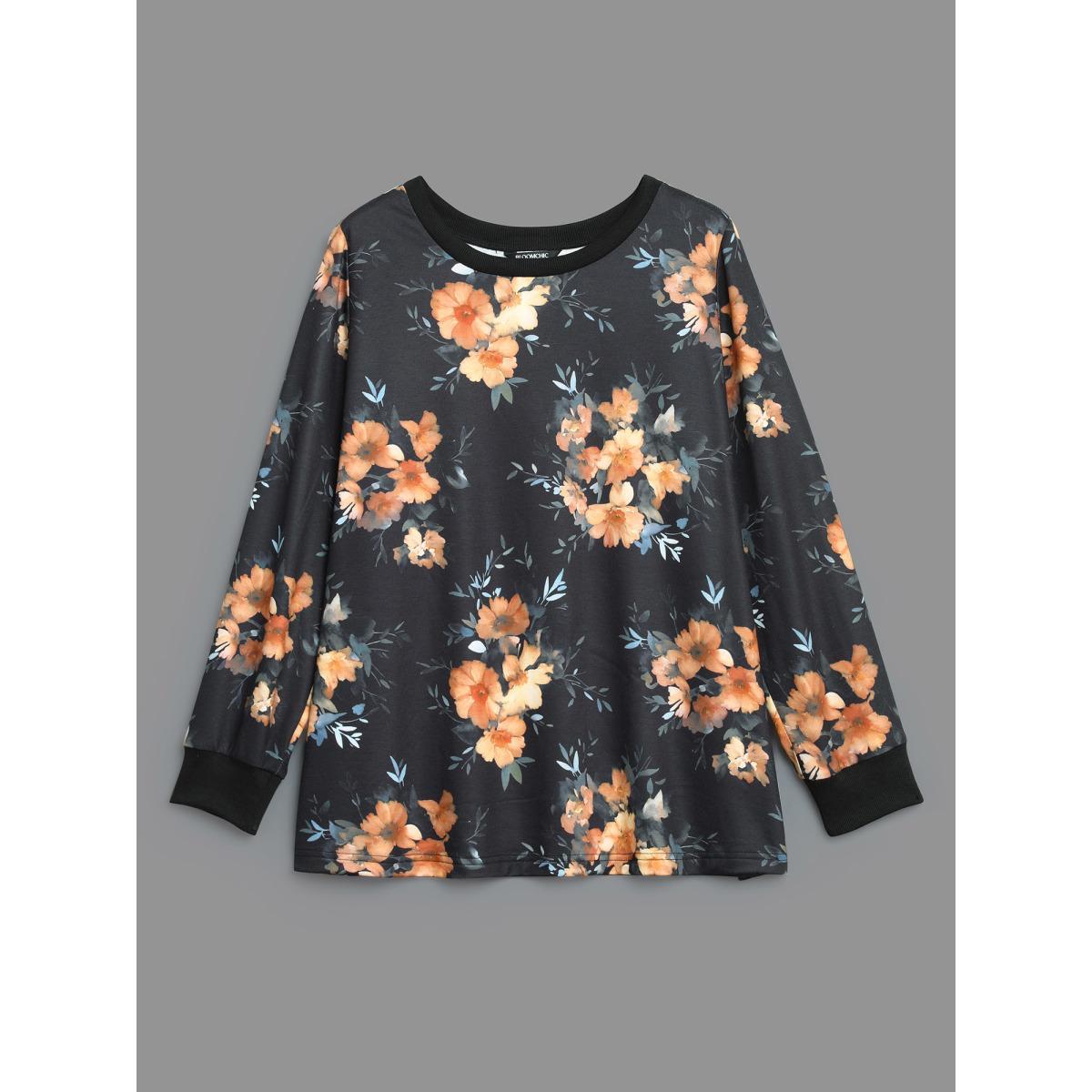 Plus Size Round Neck Natural Flowers Slightly Stretchy Sweatshirt Women Black Elegant Contrast Round Neck Everyday Sweatshirts BloomChic 28/5X Product Image