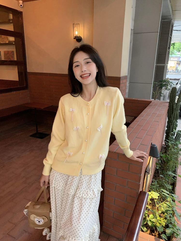 Round Neck Plain Bow Cardigan Product Image