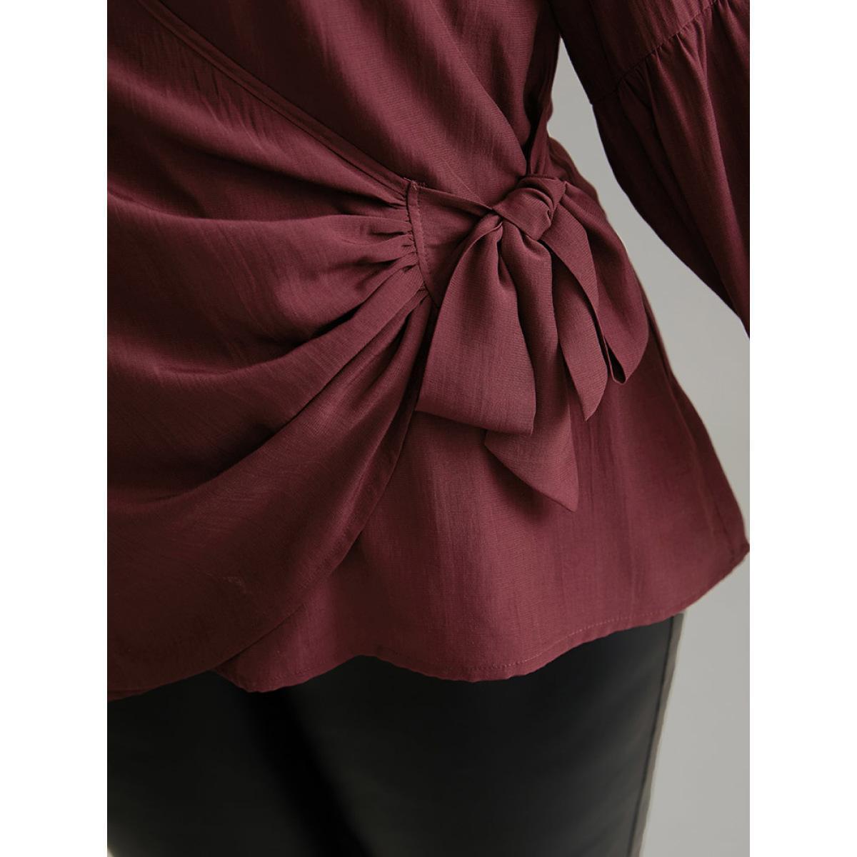 Plus Size Burgundy Supersoft Essentials Solid Wrap Gathered Ties Blouse Women Work From Home Long Sleeve Overlap Collar Work Blouses BloomChic 12/L Product Image