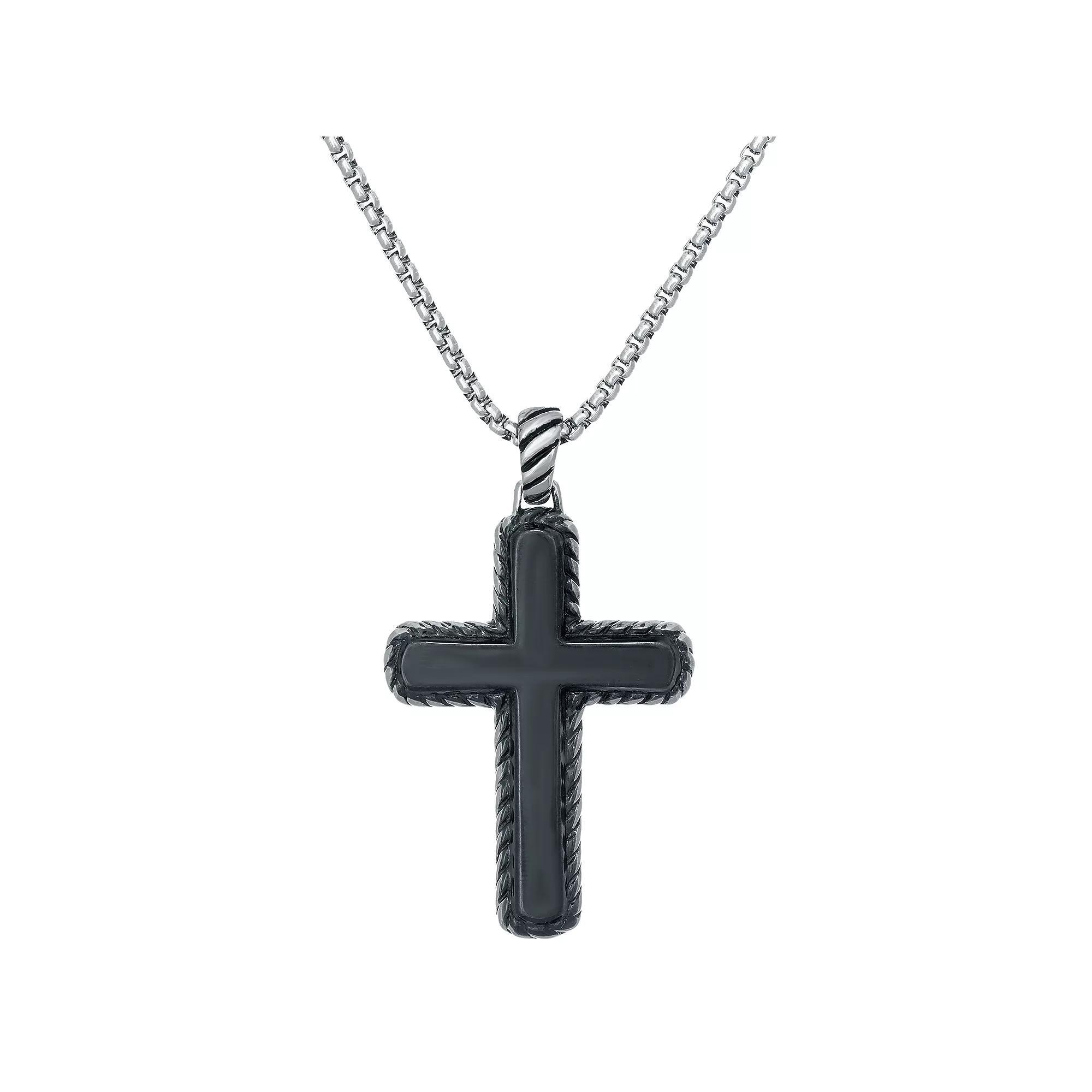 LYNX Men's Black Stainless Steel Cross Pendant, Size: 24" Product Image