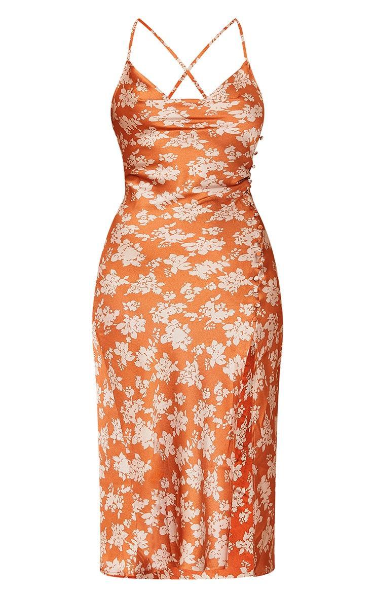 Rust Floral Print Button Detail Satin Midi Slip Dress Product Image