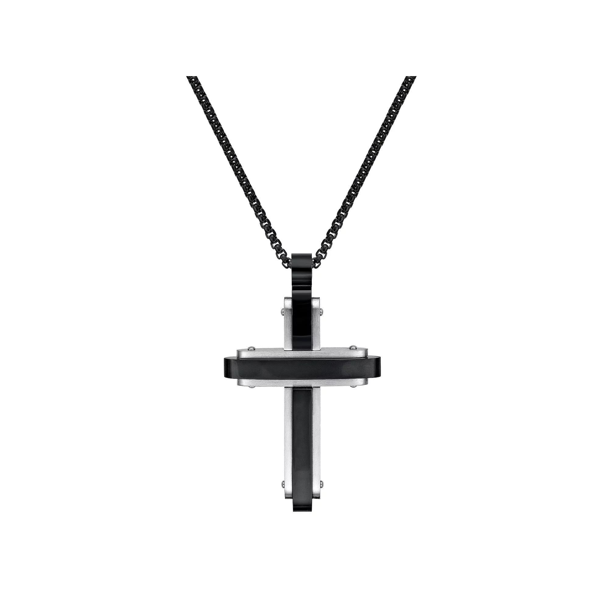 Men's LYNX Two-Tone Black Ion Plated Stainless Steel Cross Pendant Necklace, Size: 24", Two Tone Product Image