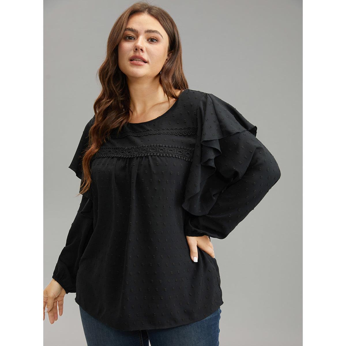 Plus Size Black Solid Contrast Lace Tiered Ruffles Blouse Women Elegant Long Sleeve Round Neck Dailywear Blouses BloomChic 14-16/1X Product Image