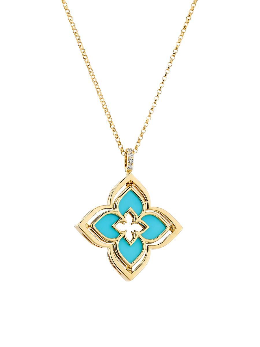 Womens Venetian Princess 18K Yellow Gold, Turquoise & 0.12 TCW Diamond Pirouette Flower Pendant Necklace Product Image