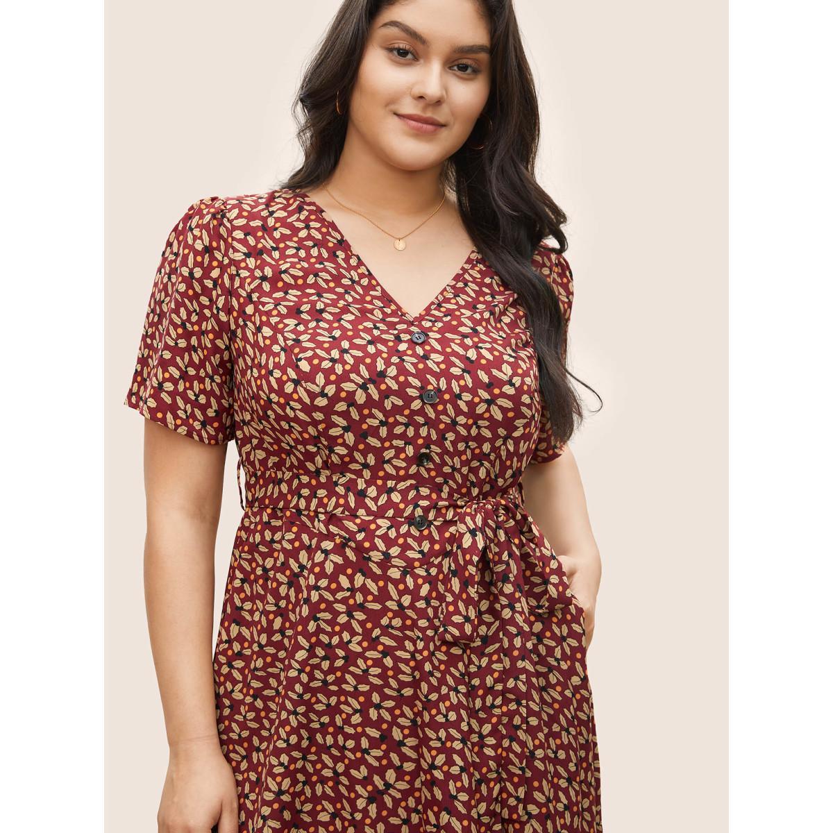Plus Size Geometric Graphic Button Detail Pocket Dress Burgundy Women At the Office Non V-neck Short sleeve Curvy Midi Dress BloomChic 26/4X Product Image