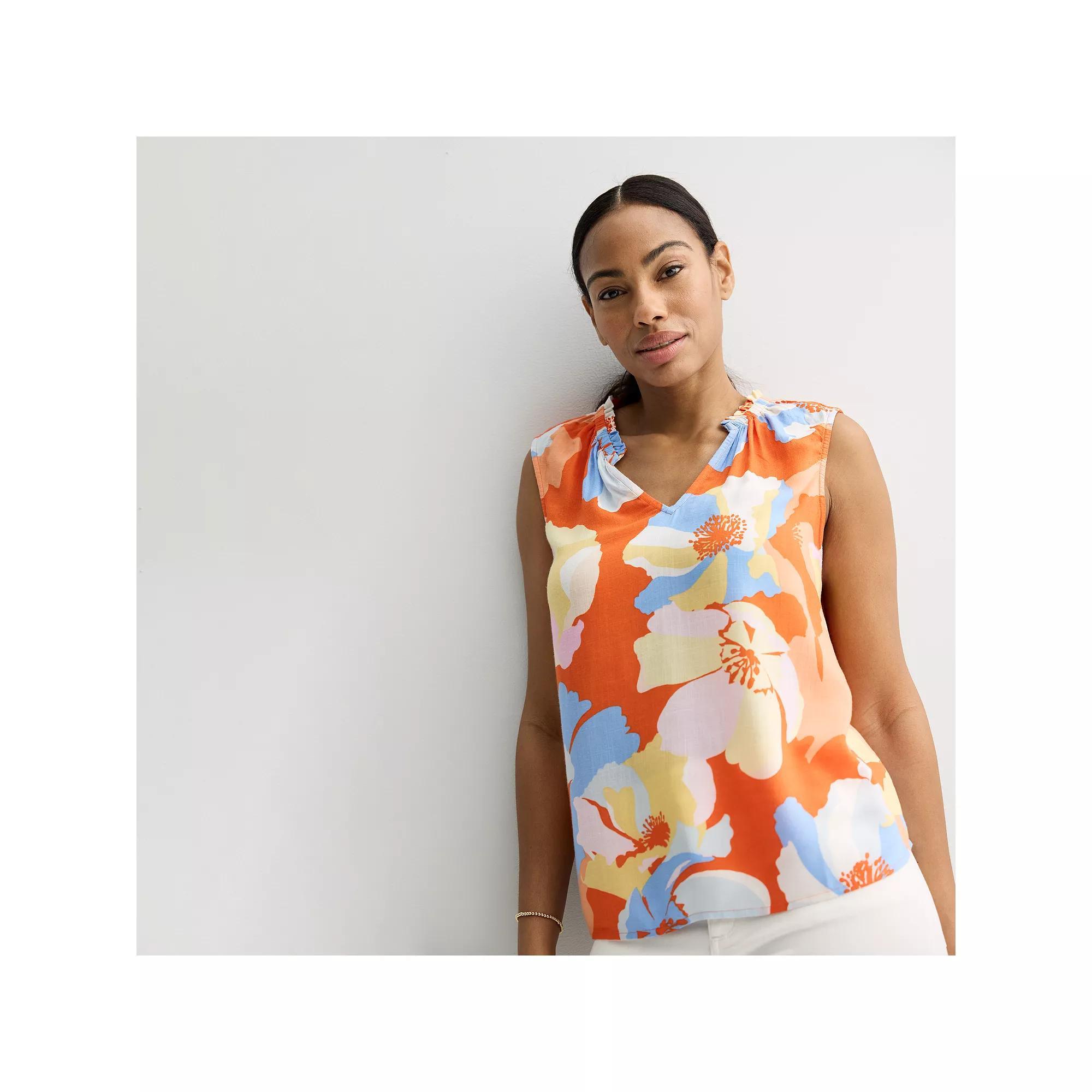 Women's Sonoma Goods For Life® Ruffle Collar Tank Top, Size: Small, Orange Team Floral Product Image