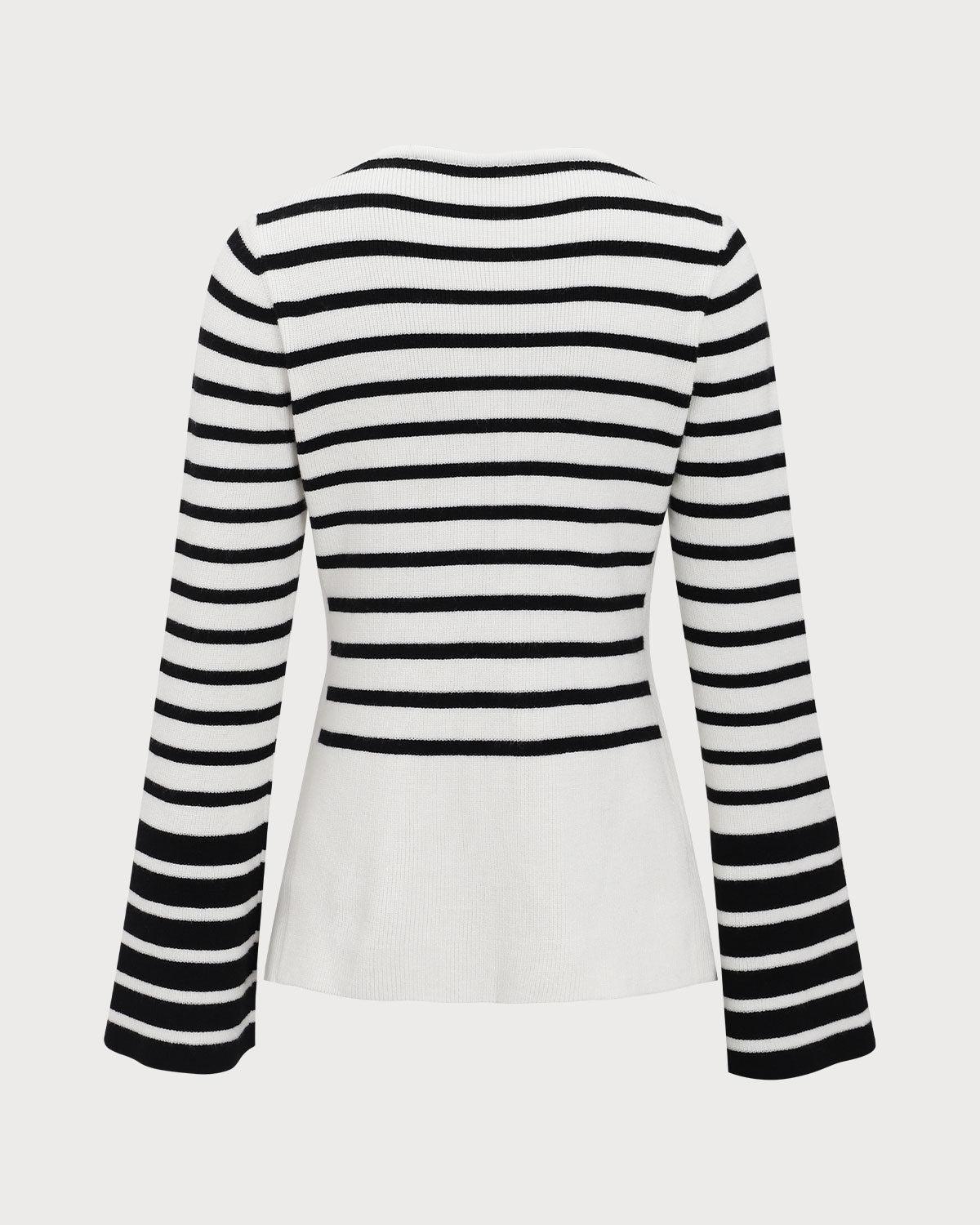 White Striped Boat Neck Sweater Product Image