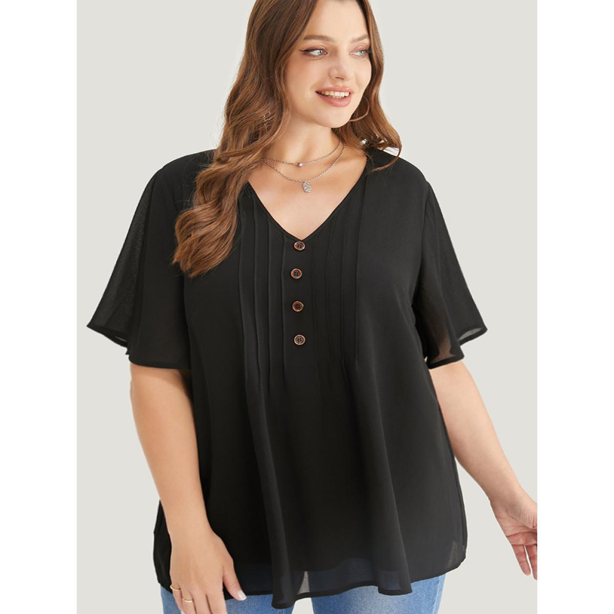 Plus Size Black Plain V Neck Mesh Ruffle Sleeve Button Detail Blouse Women Casual Short sleeve V-neck Work Blouses BloomChic 14-16/1X Product Image