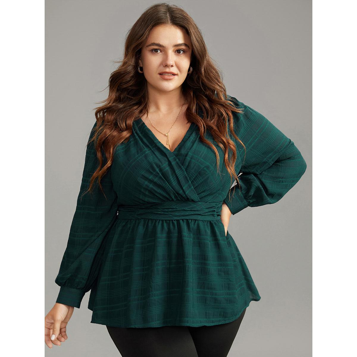 Plus Size DarkGreen Plaid Wrap Ruched Lantern Sleeve Blouse Women Office Long Sleeve V-neck Work Blouses BloomChic 30/6X Product Image