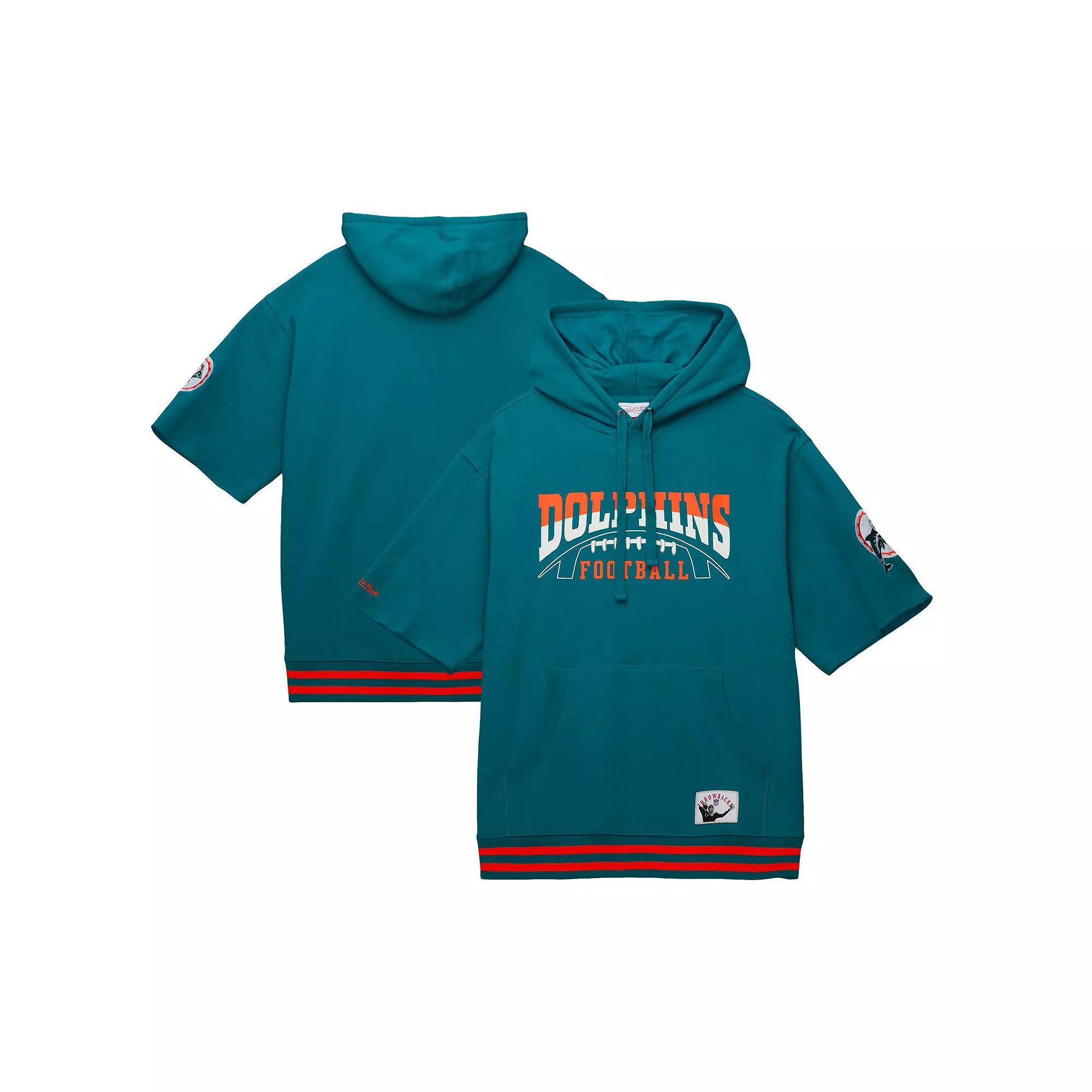 Men's Mitchell & Ness Aqua Miami Dolphins Pre-Game Short Sleeve Pullover Hoodie, Size: XL, Turquoise A Product Image