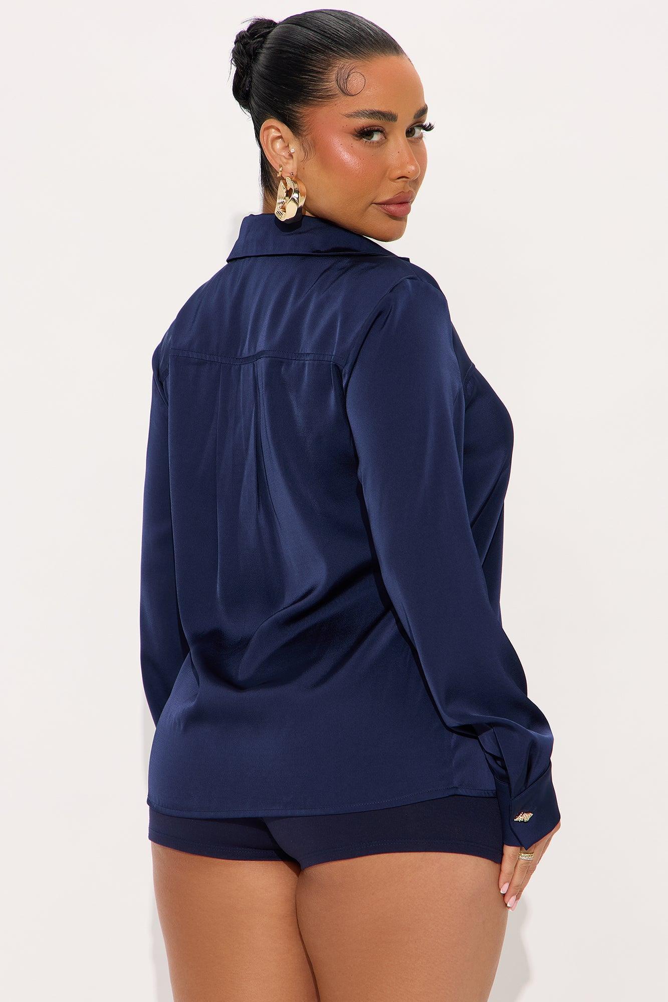 Glowing In Satin Blouse - Navy Product Image