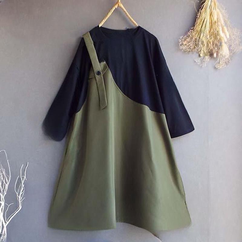 Mock Two-Piece Long-Sleeve Crewneck Two Tone A-Line Dress Product Image