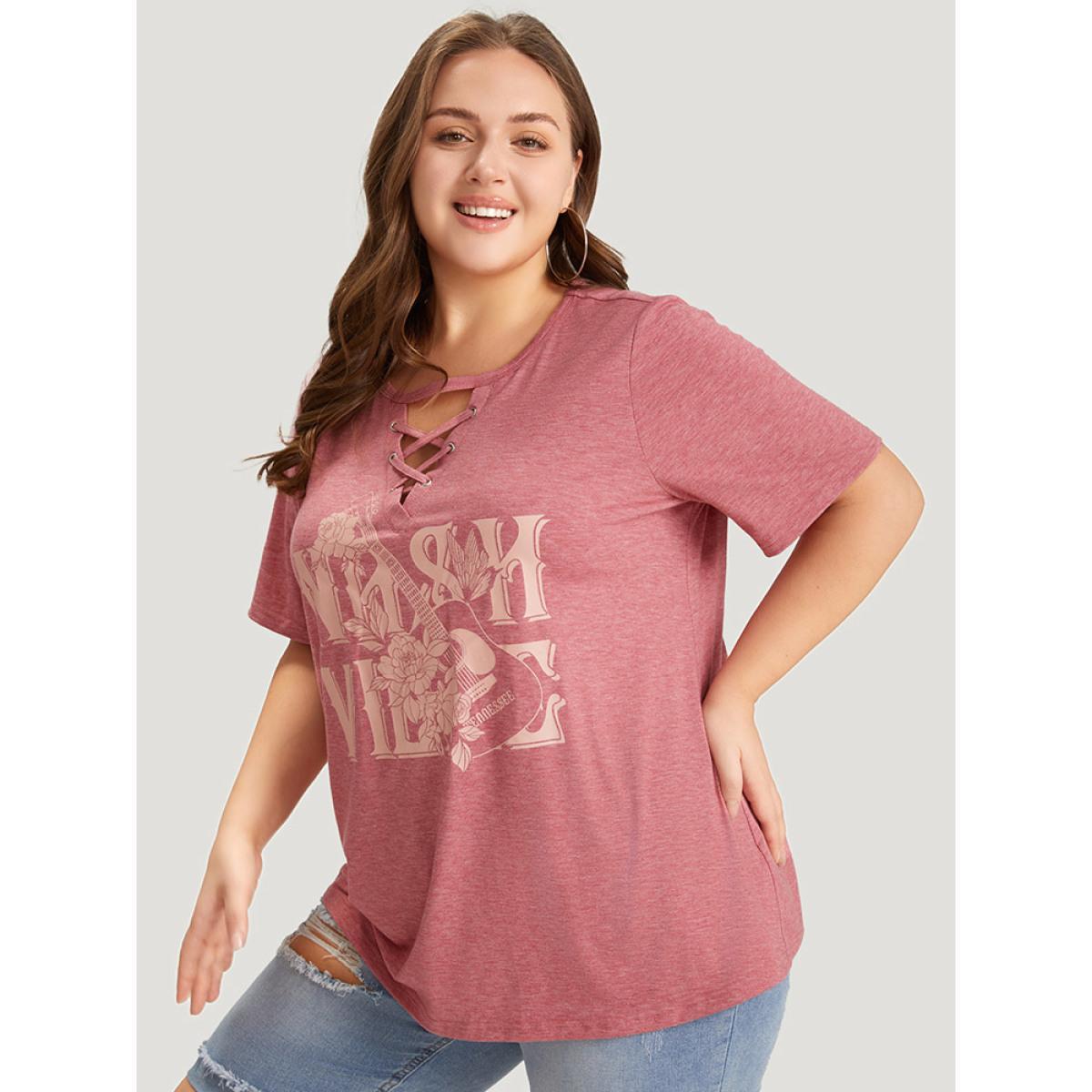 Plus Size Guitar & Letter Print Heather Crisscross Neck Graphic T-shirt Russet Women Casual Art&design Dailywear T-shirts BloomChic 12/L Product Image