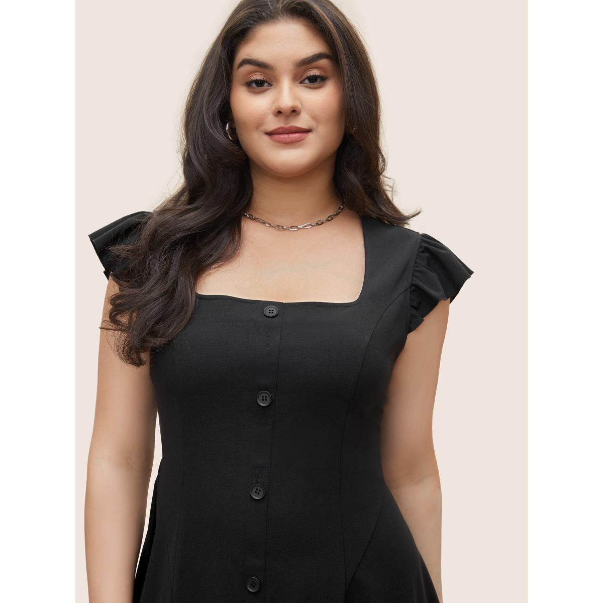 Plus Size Solid Ruffle Cap Sleeve Button Detail Dress Black Women At the Office Non Square Neck Cap Sleeve Curvy Midi Dress BloomChic 30/6X Product Image