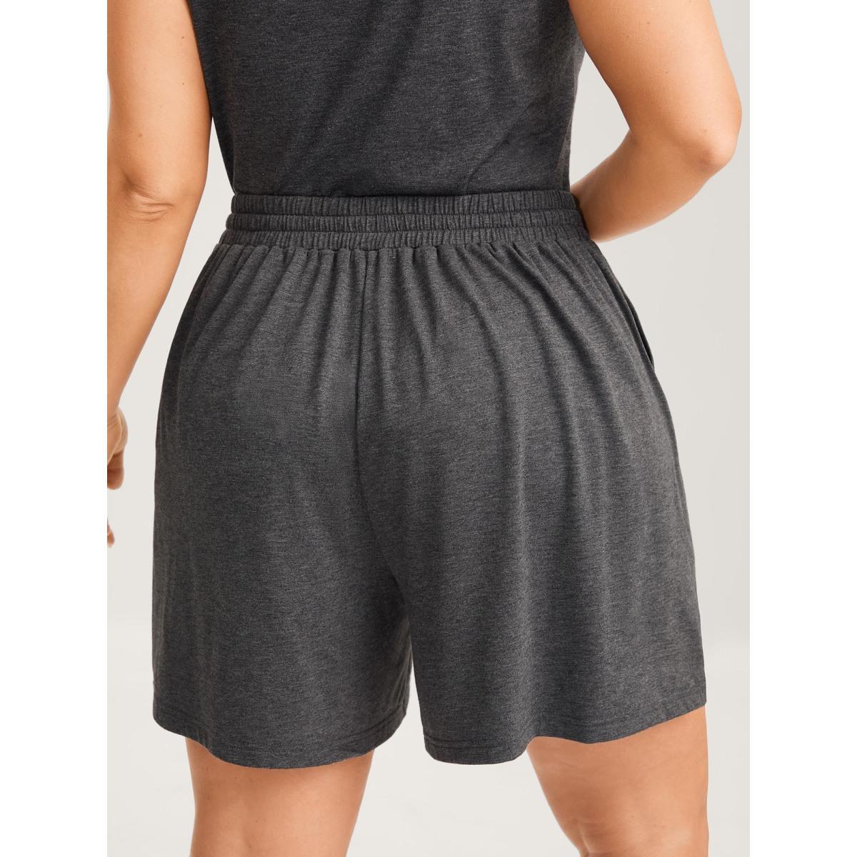 Plus Size Supersoft Contrast Drawstring Mixed Knit Shorts Women DimGray Basics Drawstring Straight Leg Everyday-Casual Shorts BloomChic 26/4X Product Image