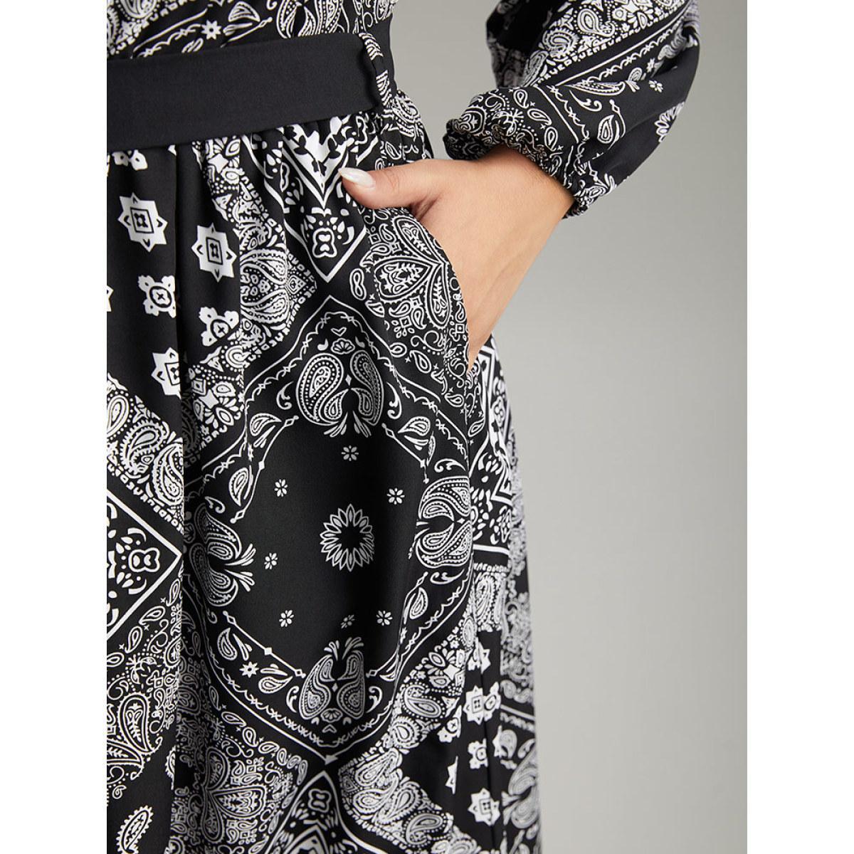 Plus Size Moroccan Print Shirt Collar Belted Button Through Dress Black Women Office Elastic cuffs Shirt collar Long Sleeve Curvy Midi Dress BloomChic 22-24/3X Product Image