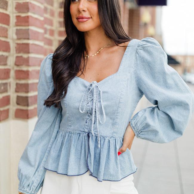 Up To Me Medium Wash Corset Front Chambray Blouse FINAL SALE Product Image