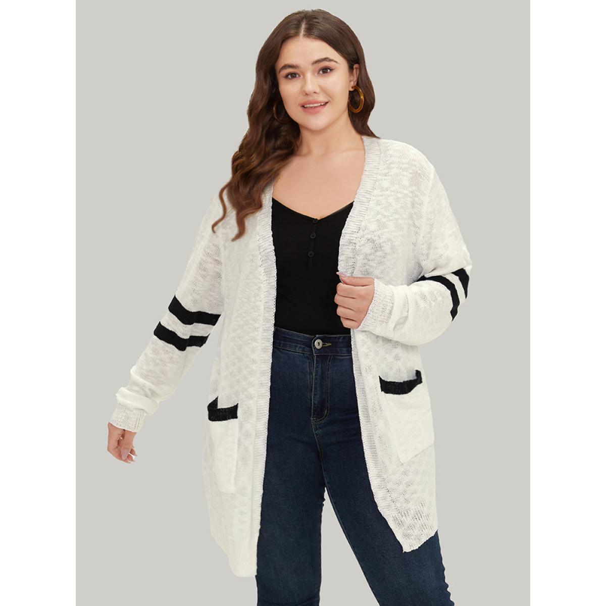 Plus Size Contrast Patched Pocket Open Front Cardigan White Women Casual Loose Long Sleeve Everyday Cardigans BloomChic 18-20/2X Product Image
