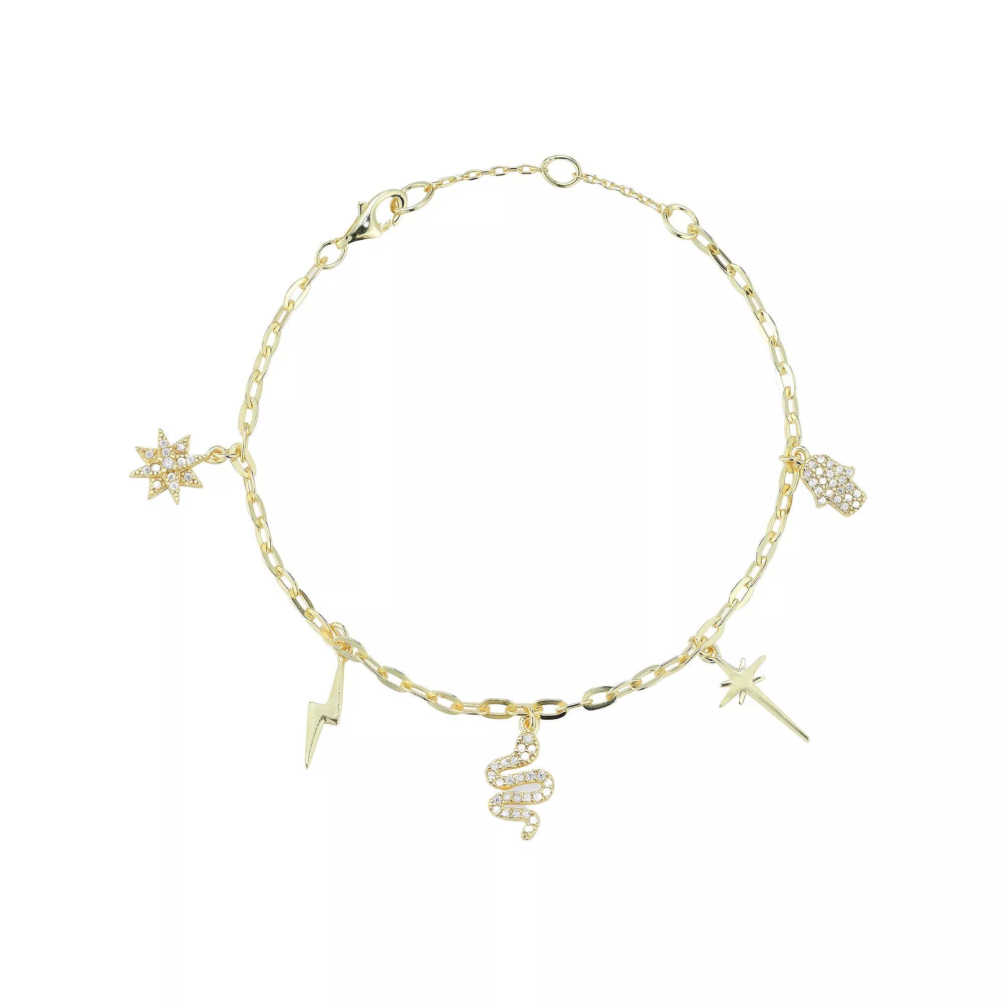 Sunkissed Sterling 14k Gold Over Silver Cubic Zirconia Multi Charm Anklet, Women's, Size: 10", Gold Tone Product Image