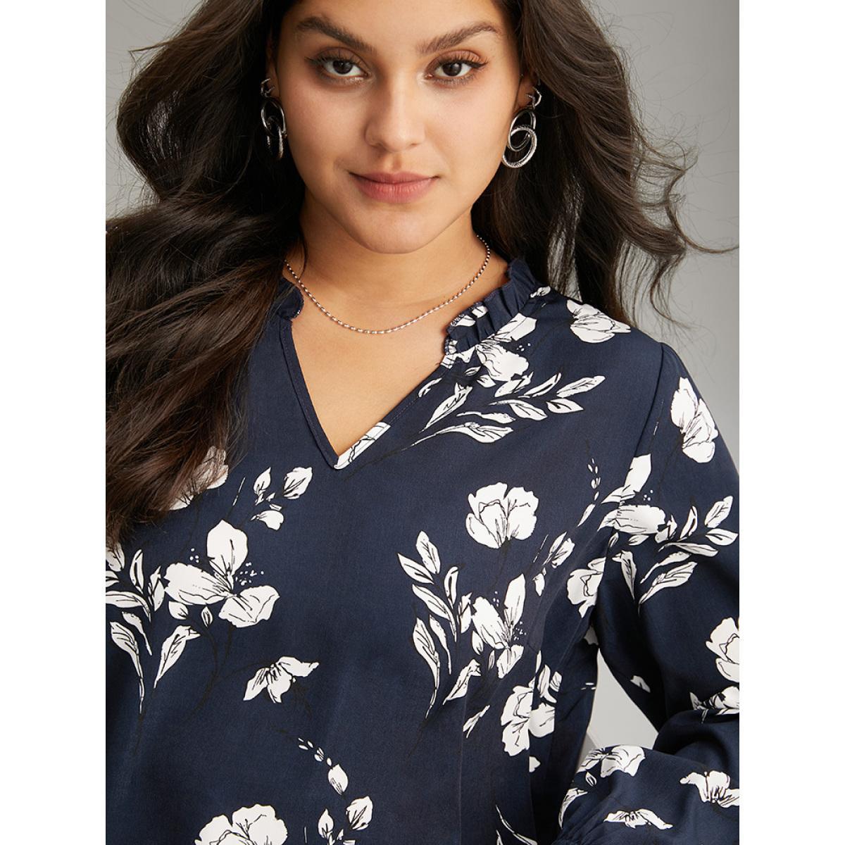 Plus Size Indigo Silhouette Floral Print Ruffles Lantern Sleeve Blouse Women Elegant Long Sleeve V-neck Vacation Blouses BloomChic 12/L Product Image