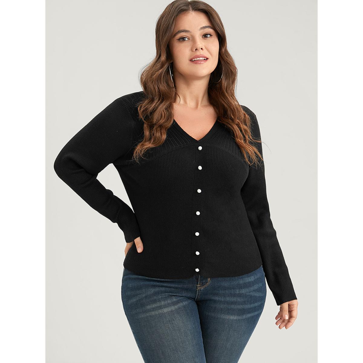 Plus Size Plain Rib Knit Button Front Knit Top Black Women Elegant Skinny Long Sleeve V-neck Dailywear Pullovers BloomChic 26/4X Product Image
