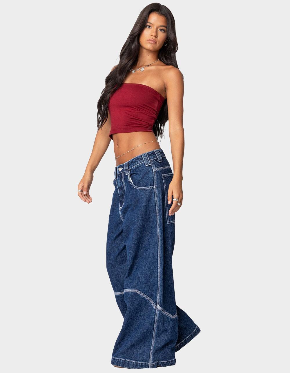 EDIKTED Super Wide Contrast Stitch Low Rise Jeans Product Image