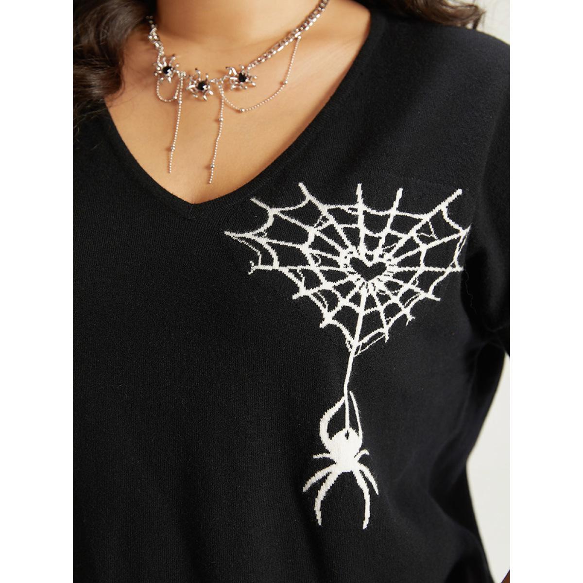 Plus Size Halloween Supersoft Essentials Spider Web Print Contrast Trim Pullover Black Women Casual Loose Long Sleeve V-neck Festival-Halloween Pullovers BloomChic 26/4X Product Image