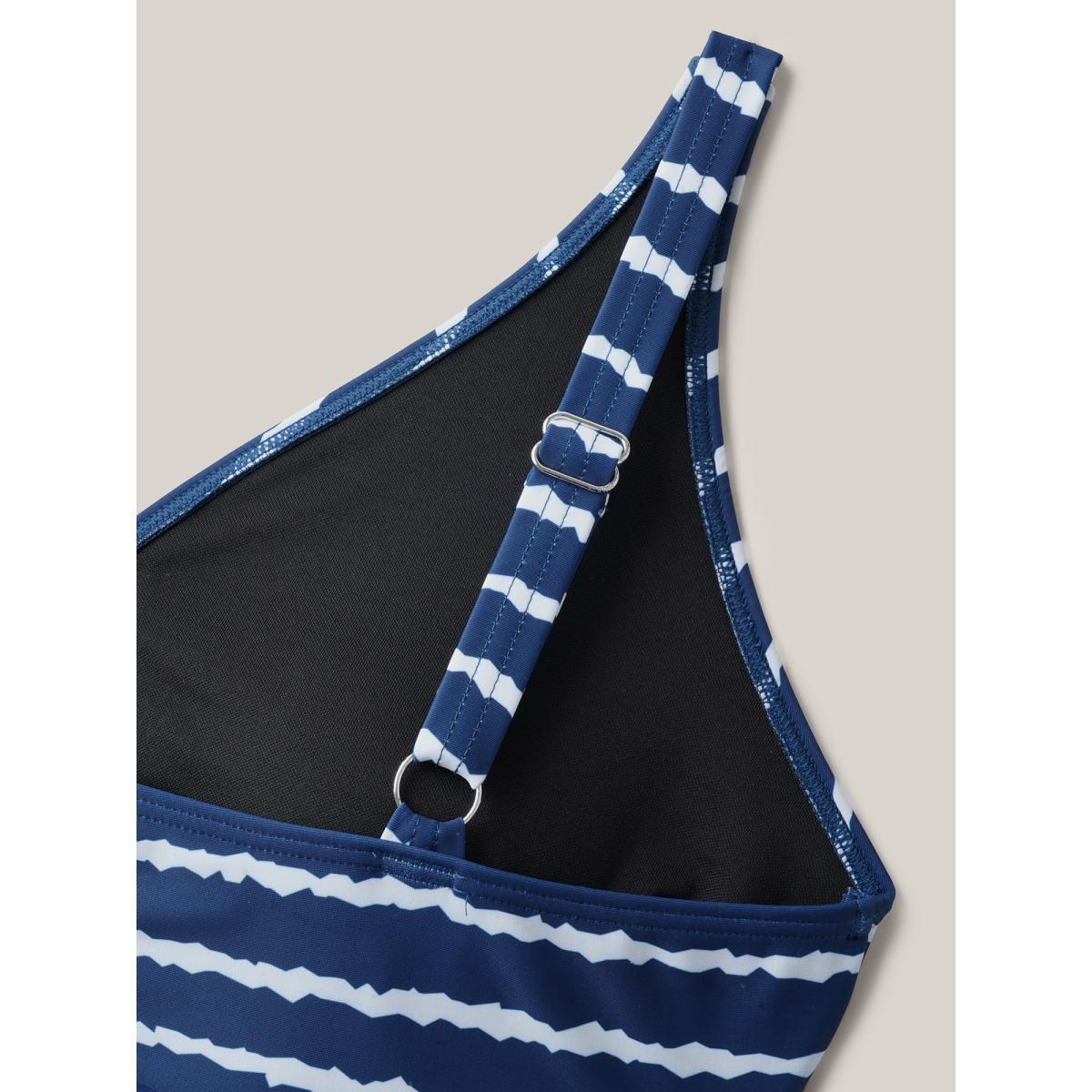 Plus Size Stripes Spliced Ruched Swim Top Women's Swimwear Indigo Beach Gathered High stretch Skinny Overlap Collar Curve Swim Tops BloomChic 22-24/3X Product Image