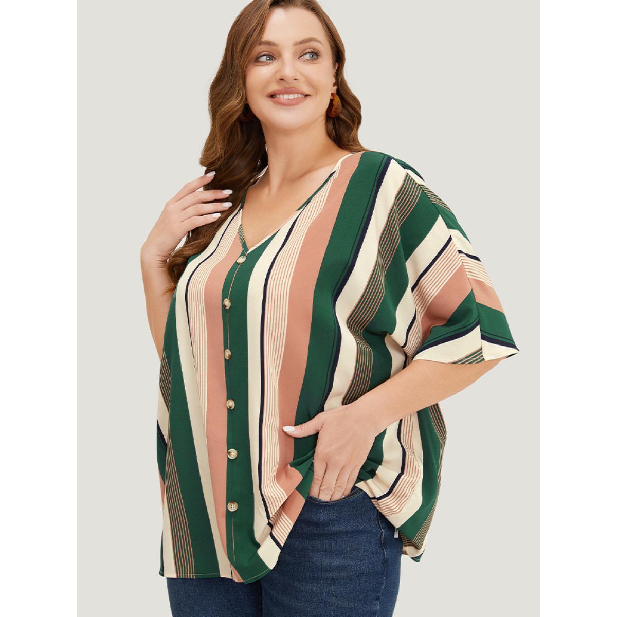 Plus Size Multicolor Striped Print Button Detail Batwing Sleeve Blouse Women Vacation Half Sleeve V-neck Dailywear Blouses BloomChic 26/4X Product Image