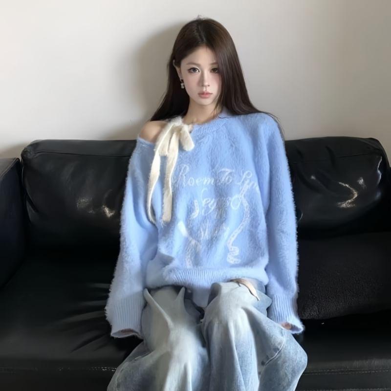 Cold-Shoulder Lettering Oversized Sweater Product Image