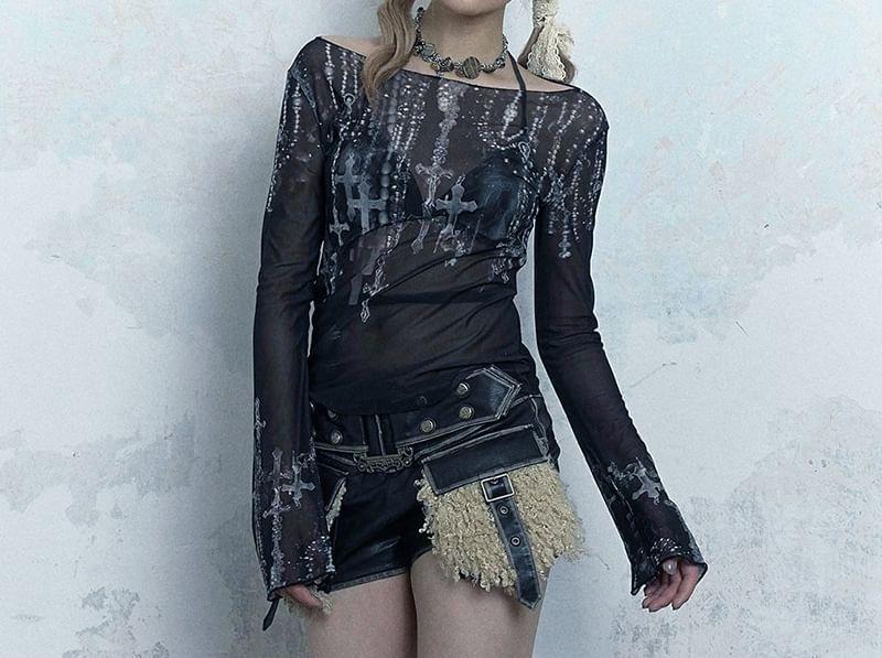 Long-Sleeve Boat Neck Cross Print See-Through Mesh Top Product Image
