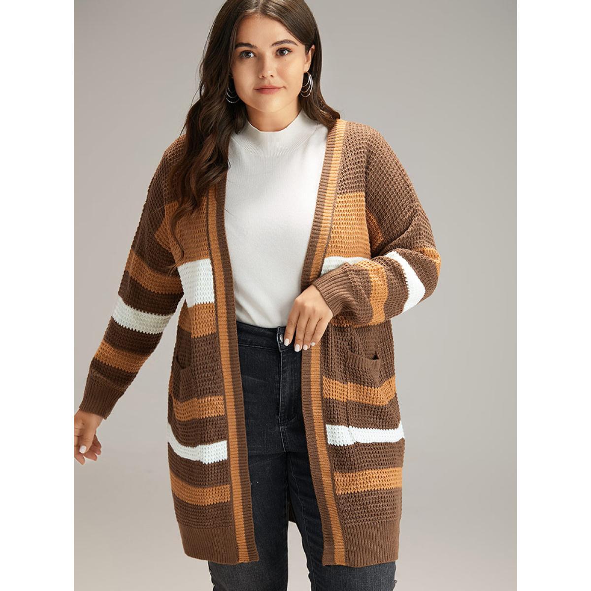 Plus Size Contrast Open Front Patched Pocket Tunic Cardigan Multicolor Women Casual Loose Long Sleeve Dailywear Cardigans BloomChic 28/5X Product Image