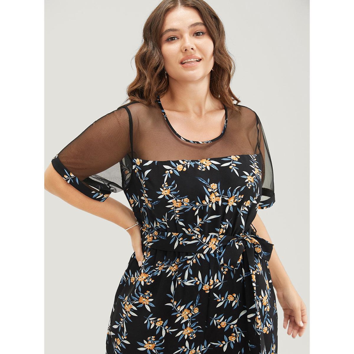 Plus Size Black Floral Mesh Patchwork Crew Neck Pocket Belted Jumpsuit Women Elegant Short sleeve Round Neck Dailywear Loose Jumpsuits BloomChic 14-16/1X Product Image