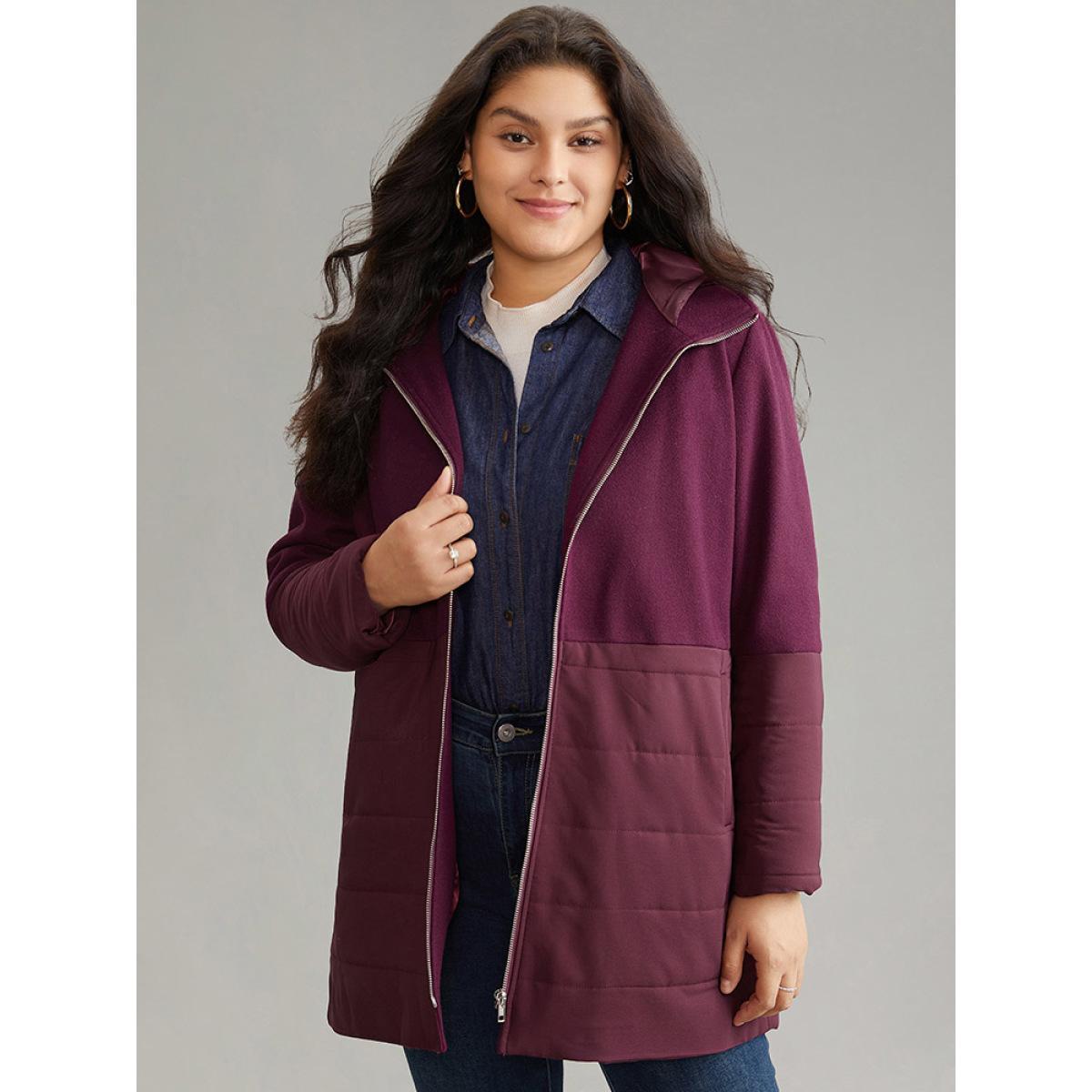 Plus Size Plain Patchwork Zipper Padded Hooded Coat Women Burgundy Casual Lined Ladies Dailywear Winter Coats BloomChic 26/4X Product Image