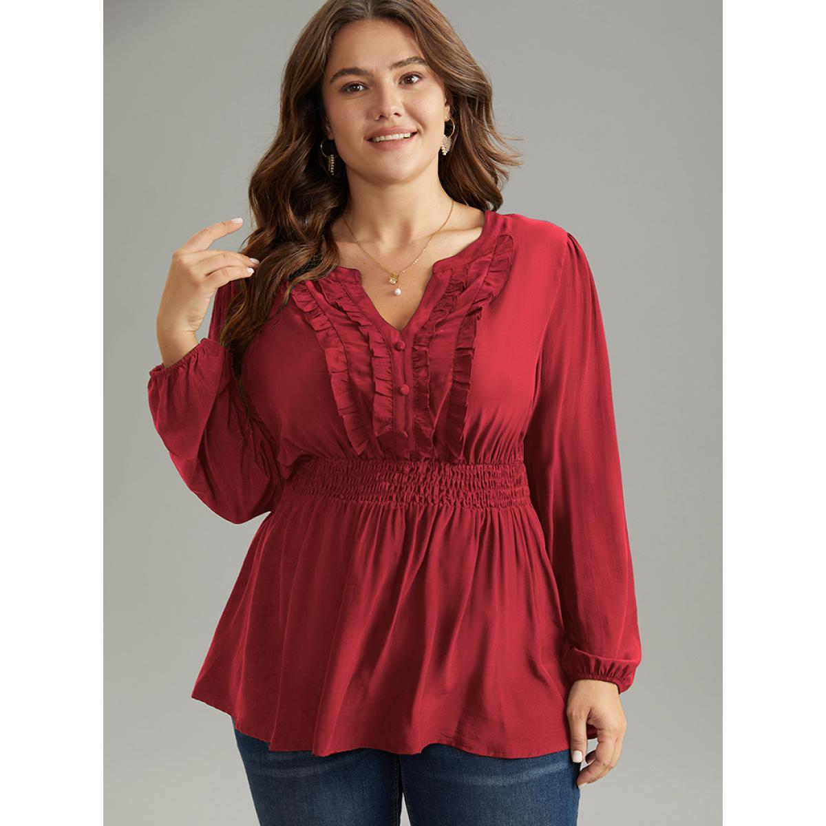 Plus Size Raspberry Solid Frill Trim Shirred Flutter Hem Blouse Women Elegant Long Sleeve Notched collar Dailywear Blouses BloomChic 14-16/1X Product Image