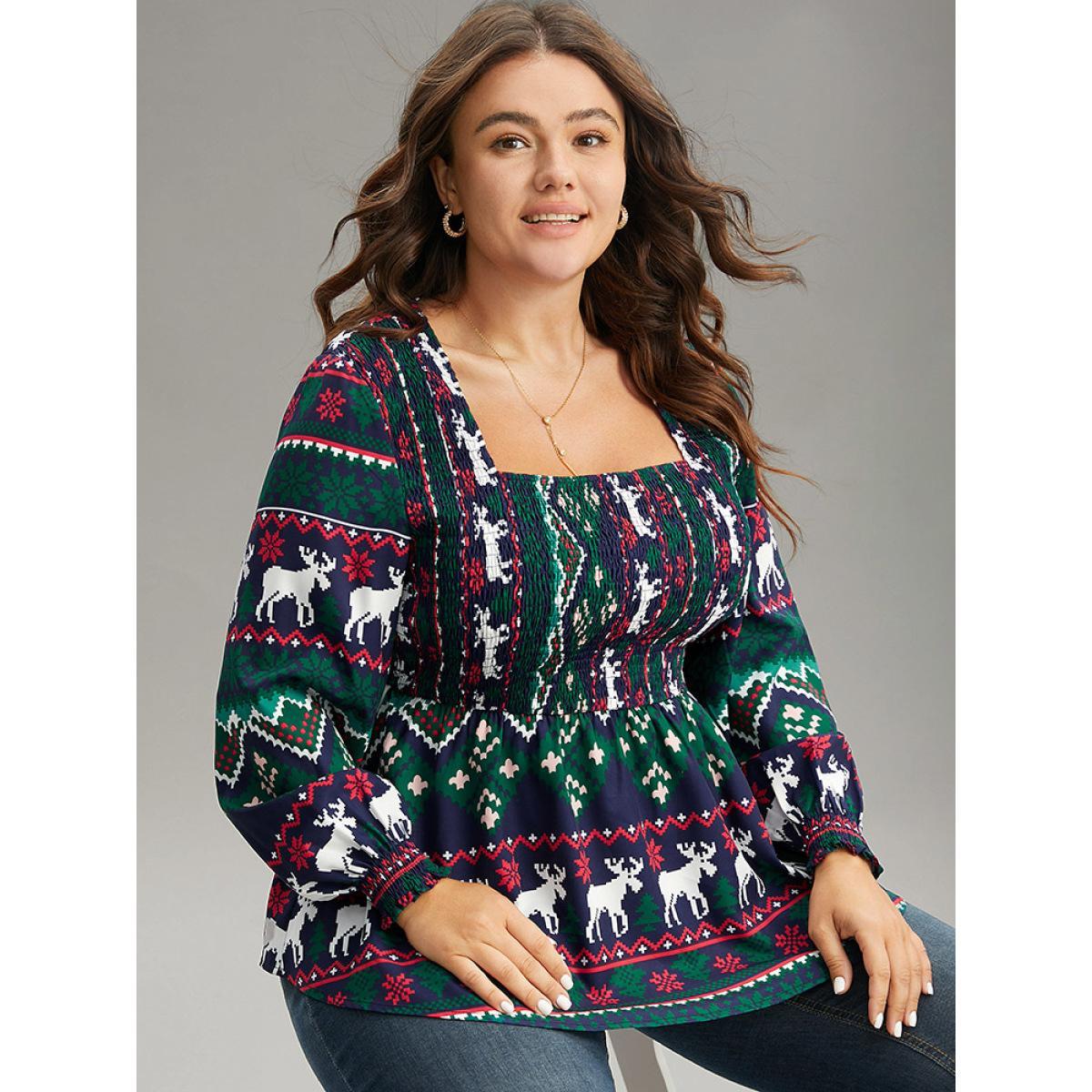 Plus Size Green Christmas Elk Shirred Square Neck Blouse Women Elegant Long Sleeve Square Neck Festival-Christmas Blouses BloomChic 26/4X Product Image
